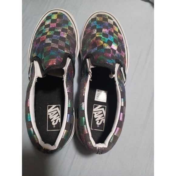 VANS Old Skool Rainbow Iridescent Checkerboard Canvas Slip On Shoes Sz 3 - Picture 2 of 10